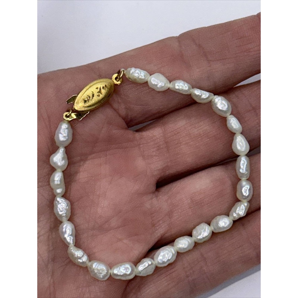 Freshwater Pearl Bracelet Gold Plated Silver Fish Hook‎ Clasp 7" Beaded